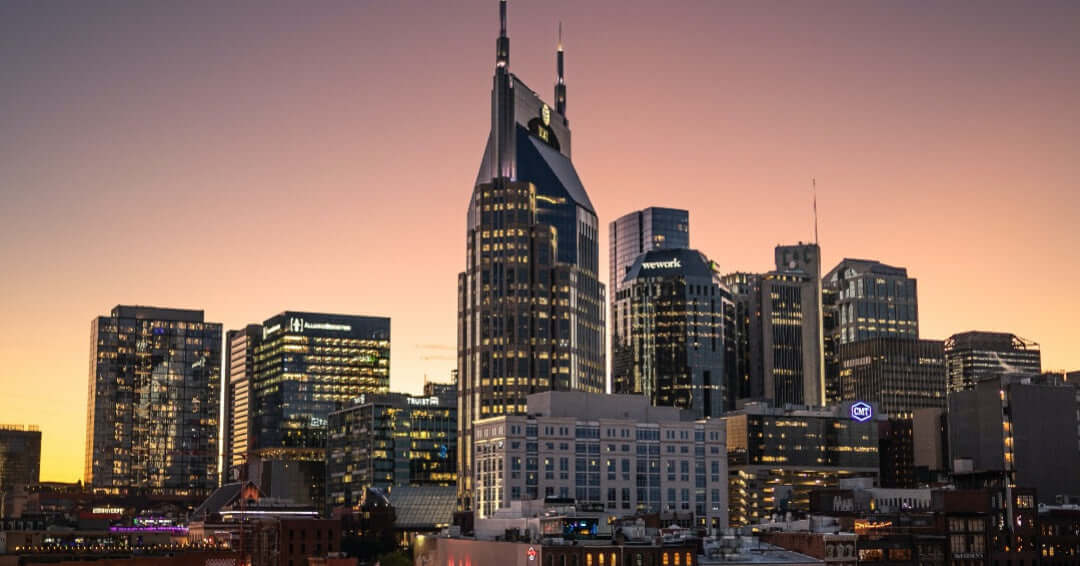 City view of Nashville Tennessee, with a nice sunset view of the Batman Building 